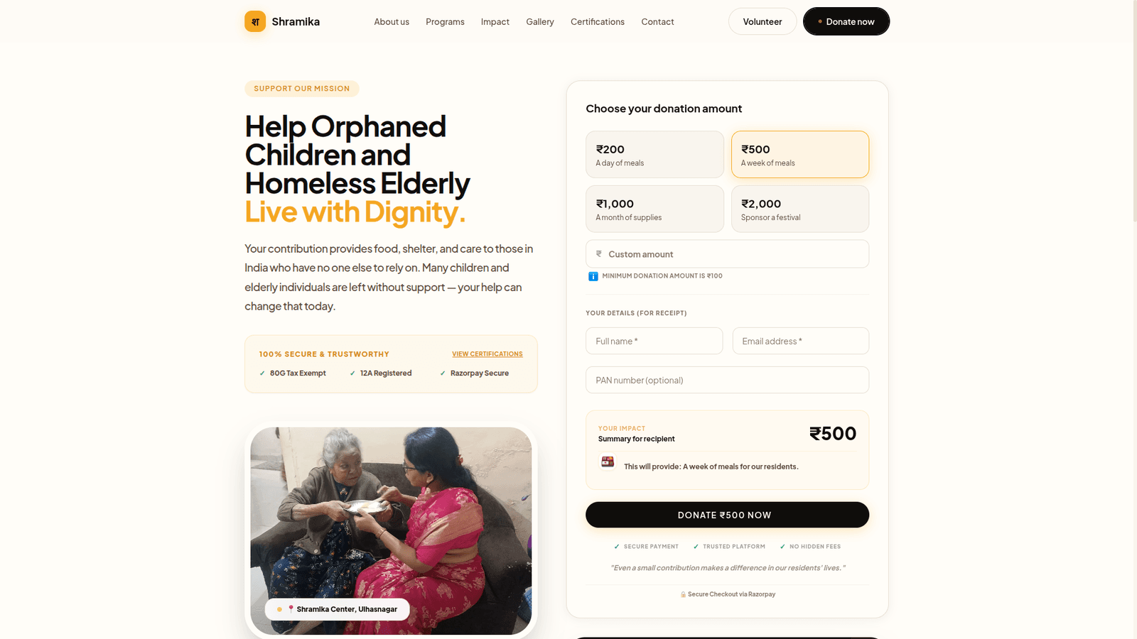 Shramika donation page with preset amounts and a Razorpay payment form